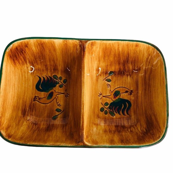 Pennsbury Pottery Red Rooster Divided Vegetable Dish Serving Bowl Art Pottery - Picture 3 of 12